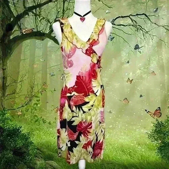 Y2K 90s Fairy MIDI Dress Green/Pink By Geri C. - Picture 1 of 11